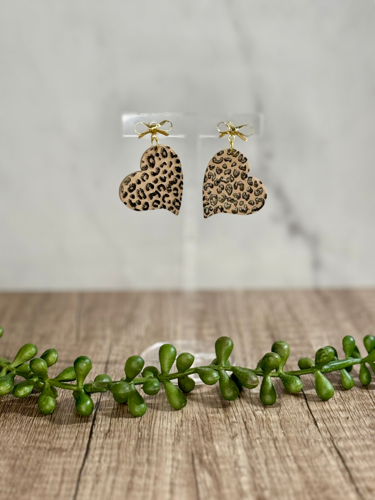 Leopard print heart stud dangle earrings