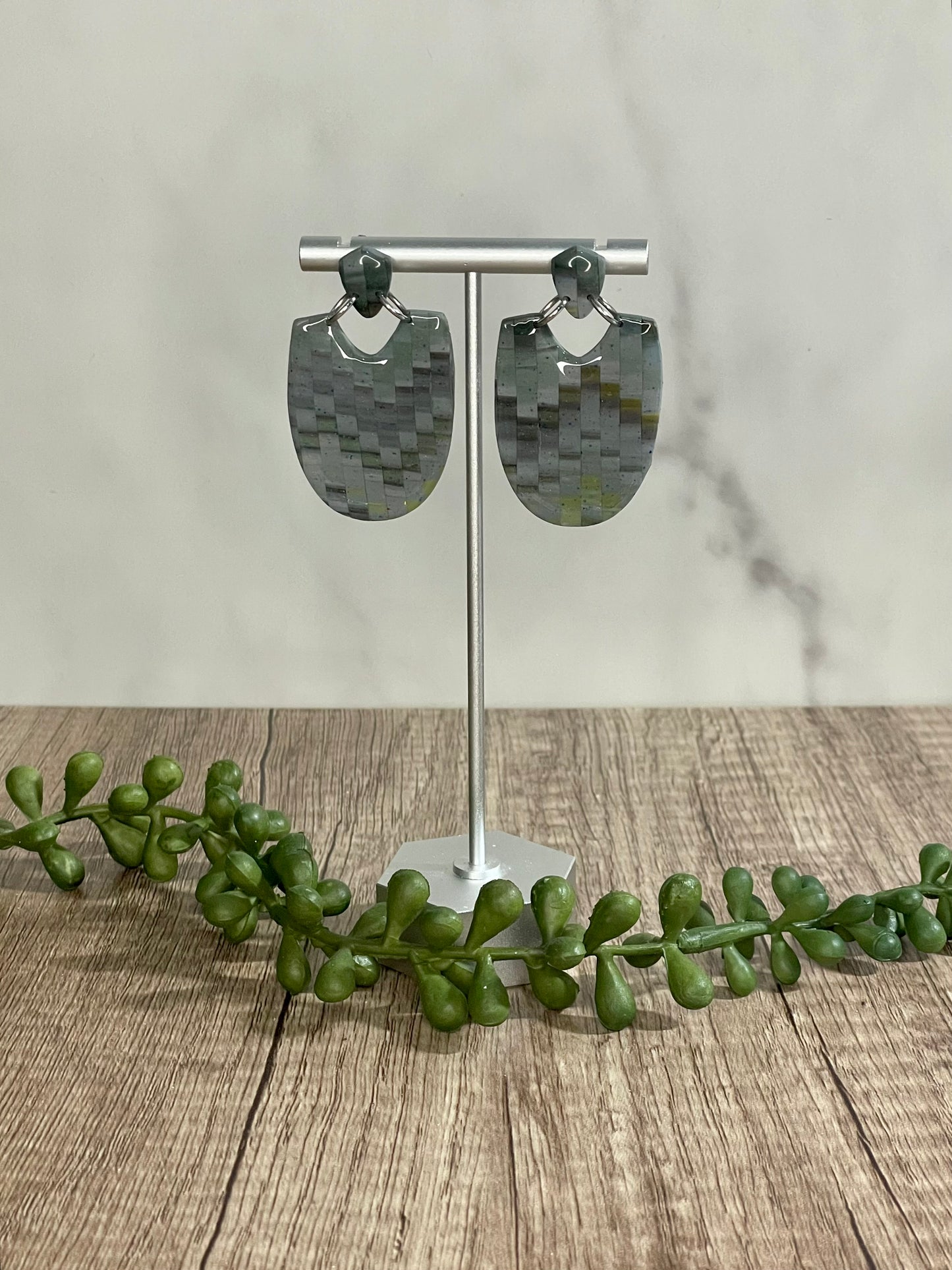 Faux quilted shield stud dangle earrings