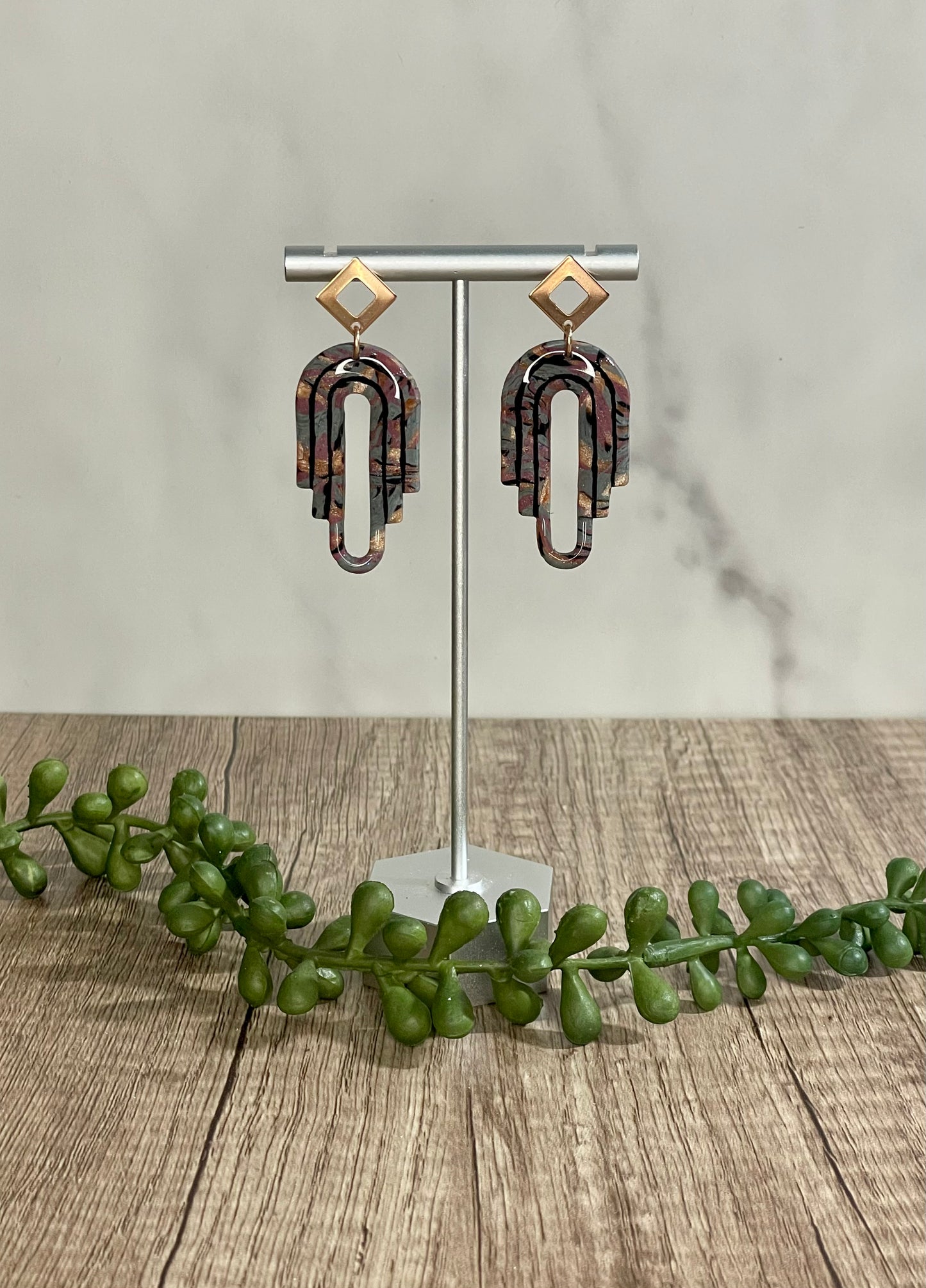 Gray, pink, black marbled earrings