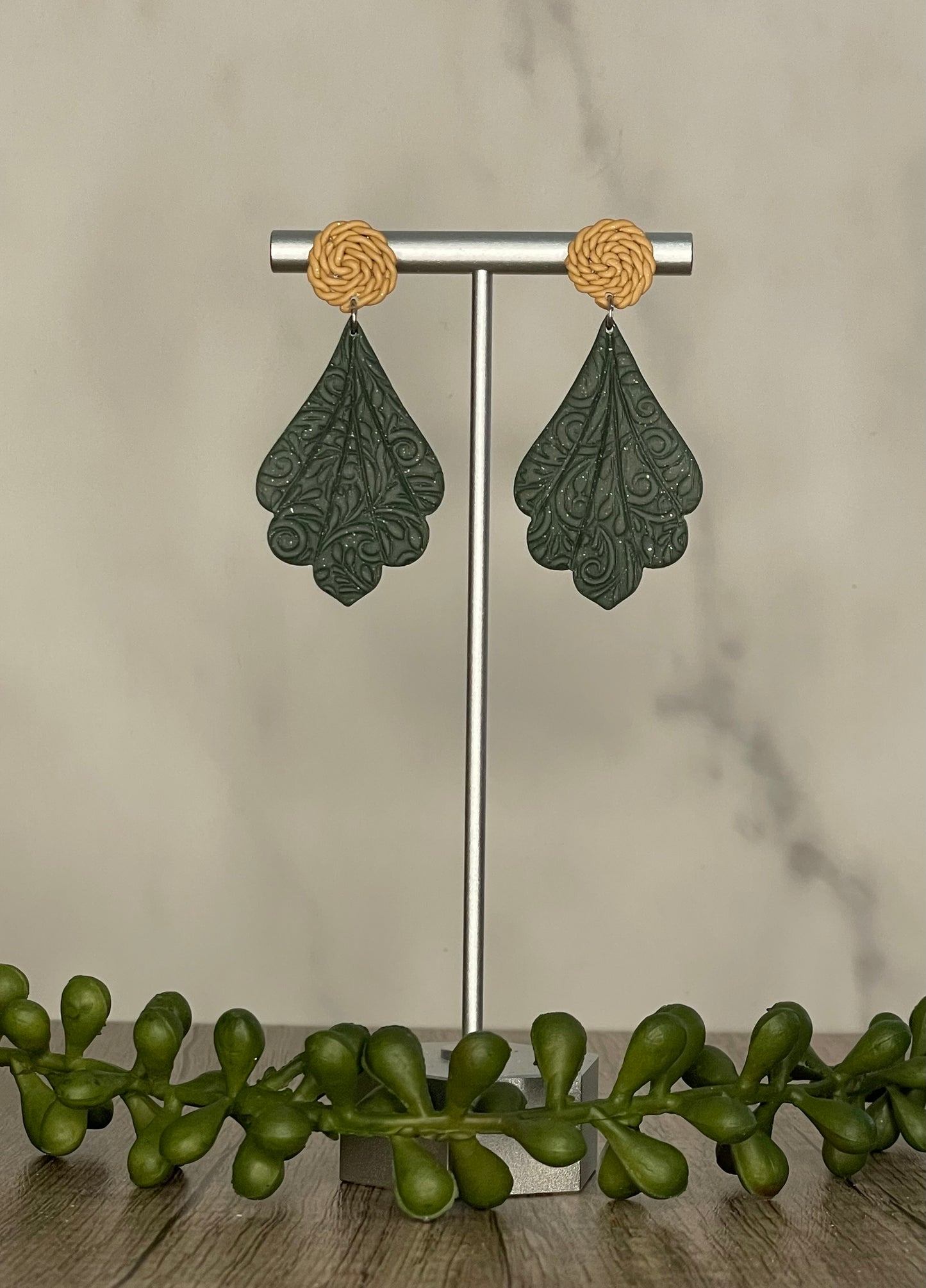 Faux wicker and green floral drop dangle earrings