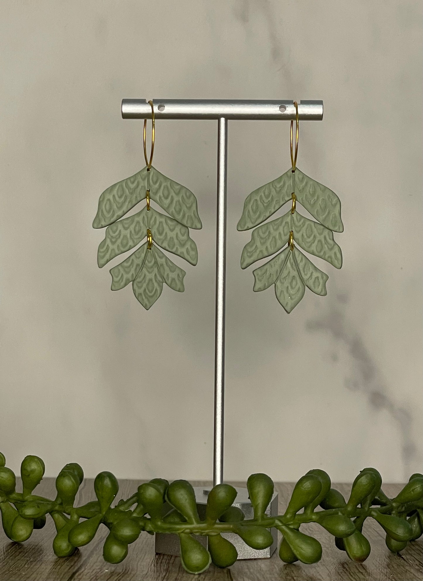 Sage green flower hoop earrings