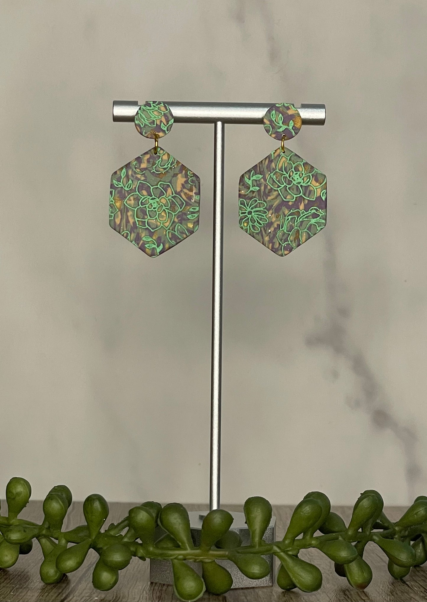Marbled succulent patterned earrings