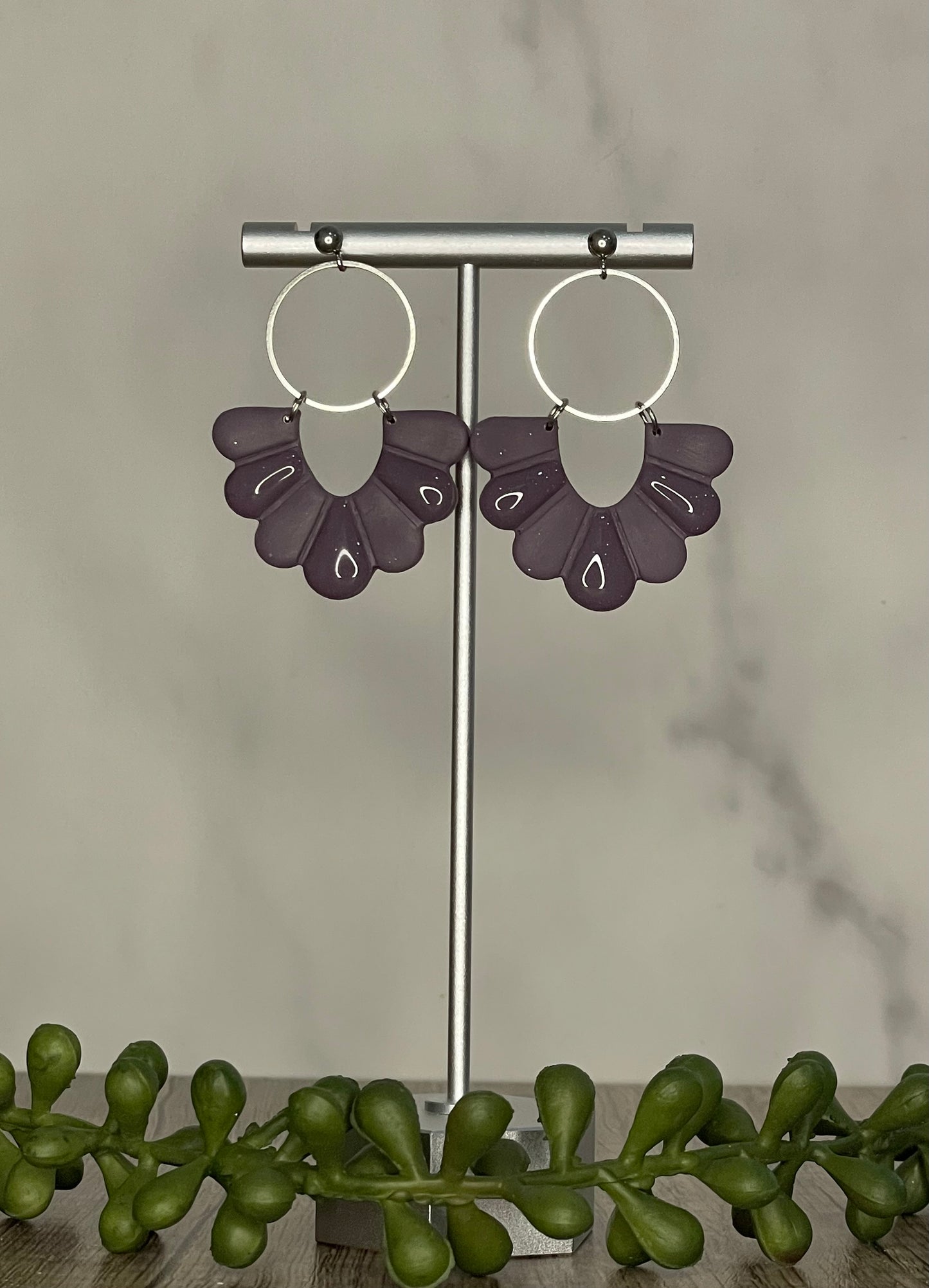 Elegant purple scalloped stud dangle earrings