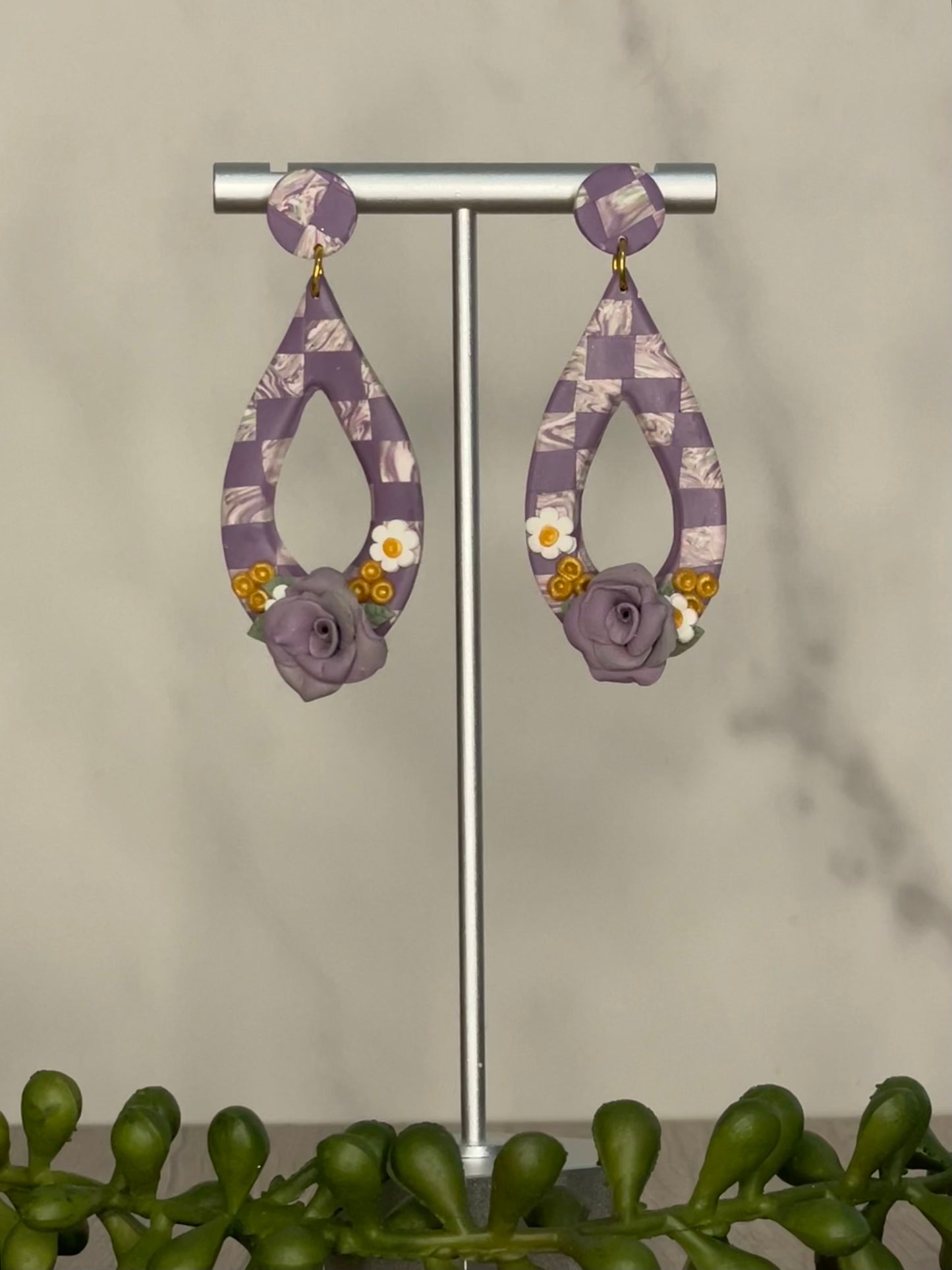 Purple marbled patchwork earrings