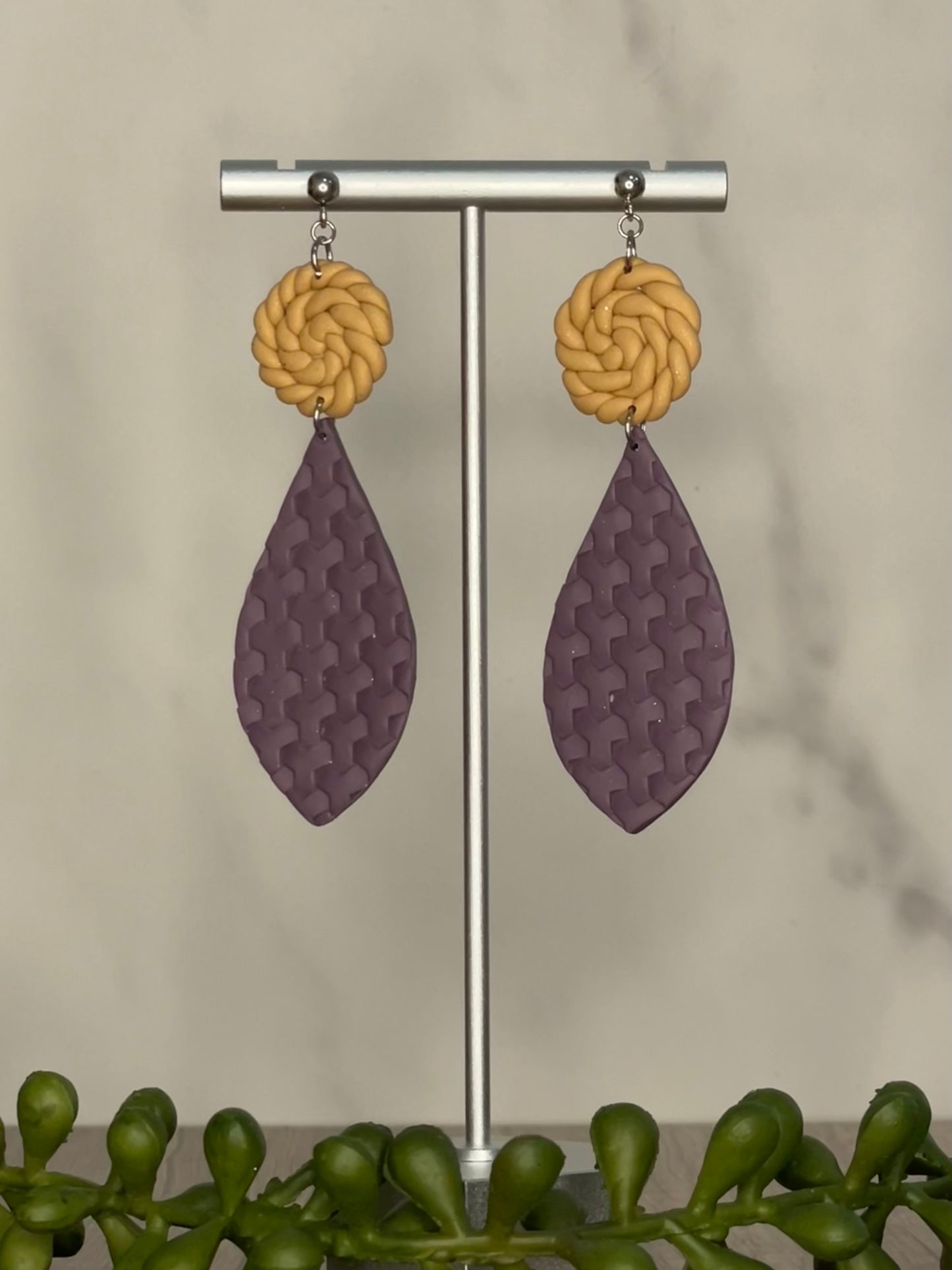 Faux wicker purple embossed teardrop stud dangle earrings