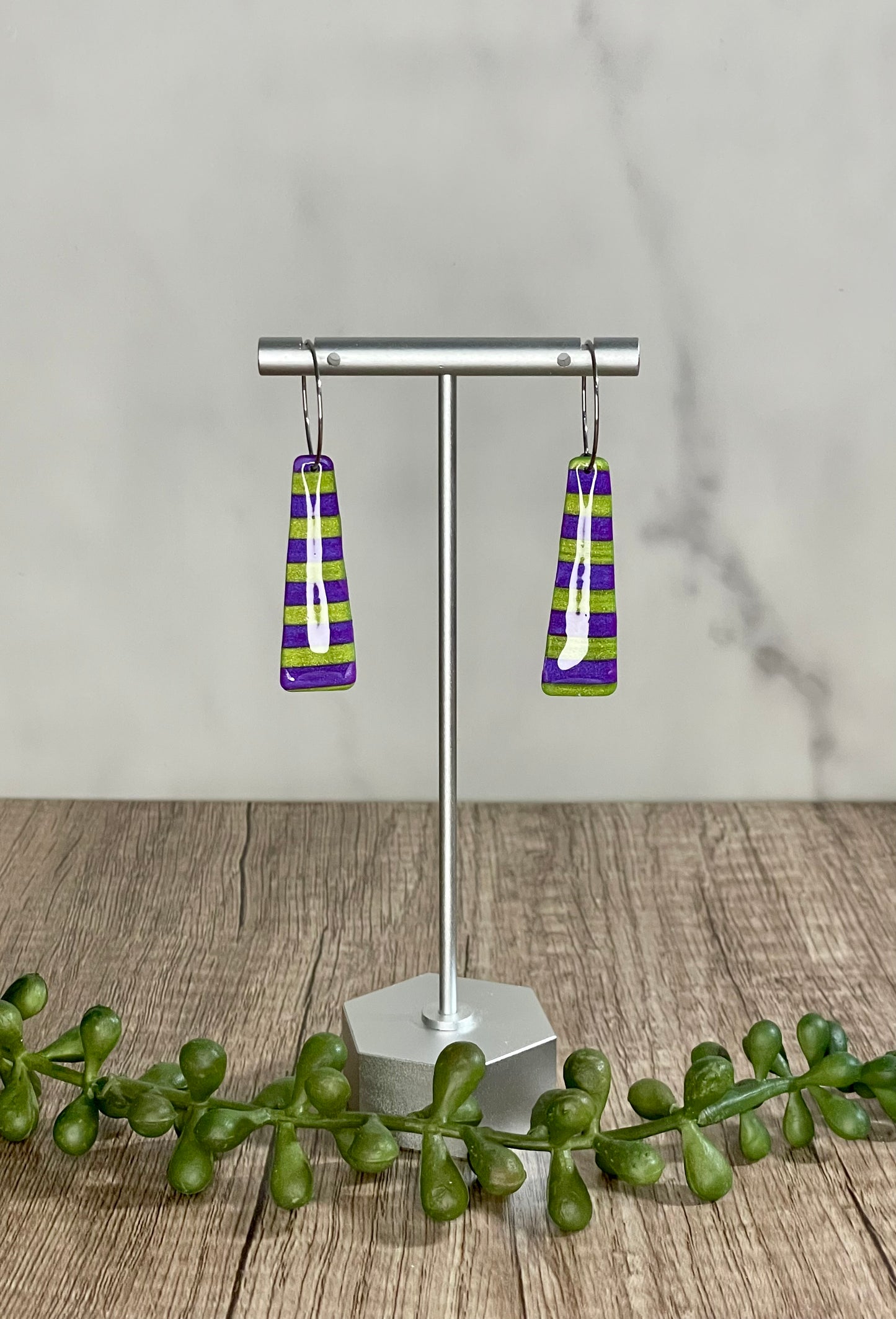 Purple and green striped earrings