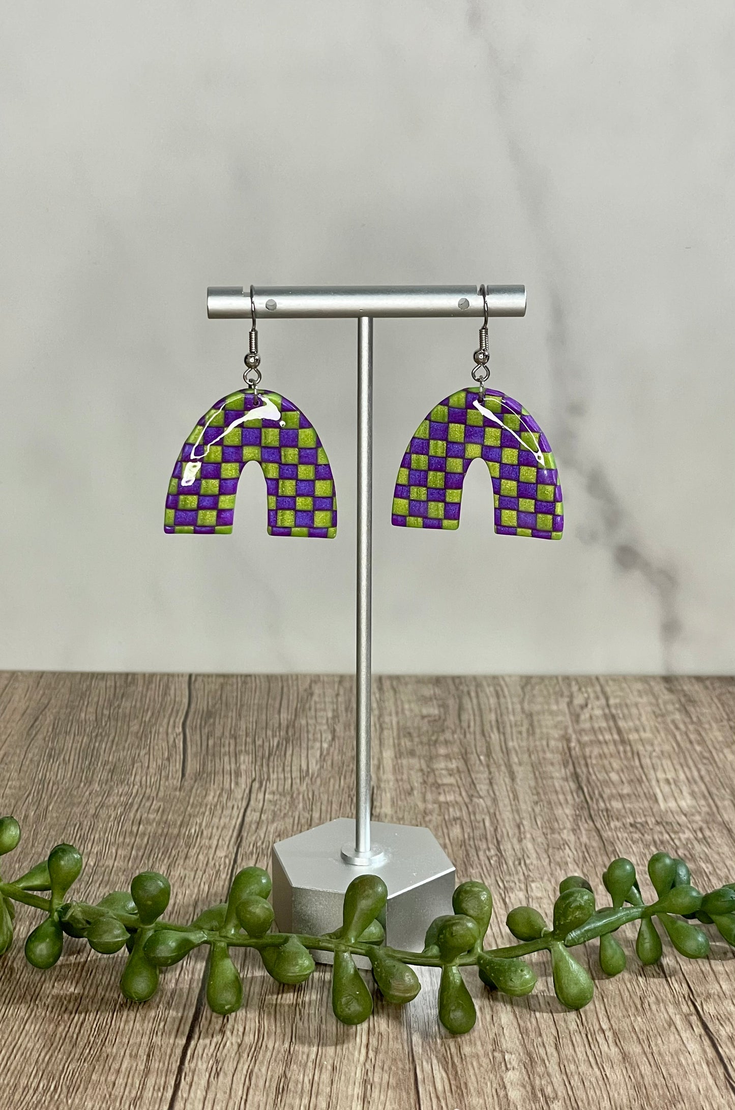 Purple and green checkerboard earrings