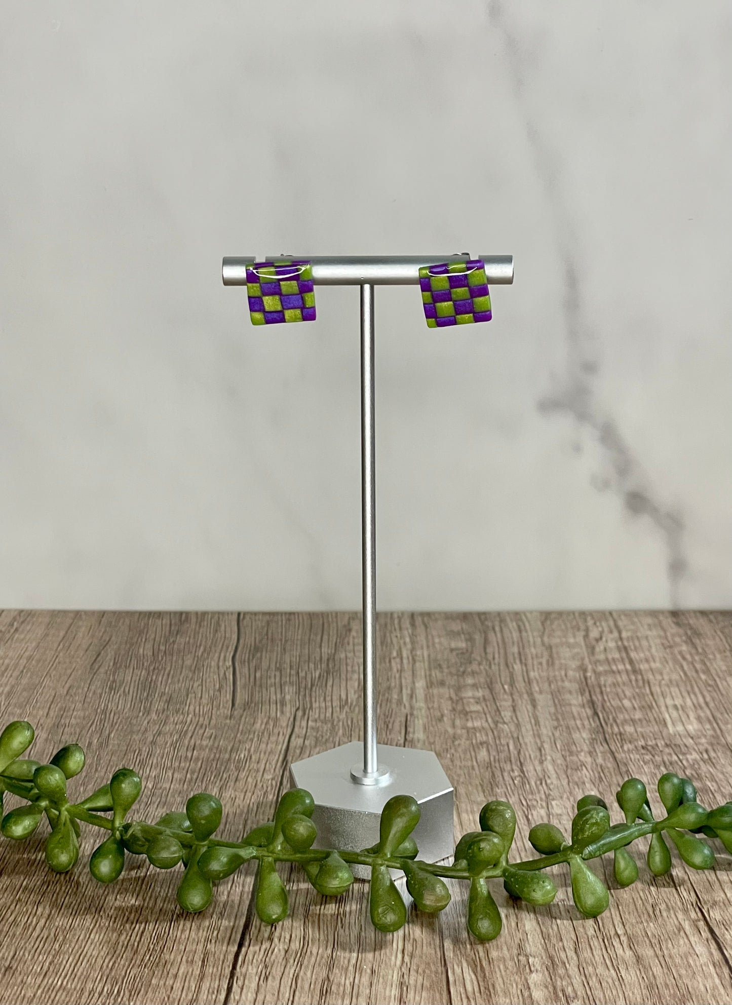 Purple and green checkerboard earrings