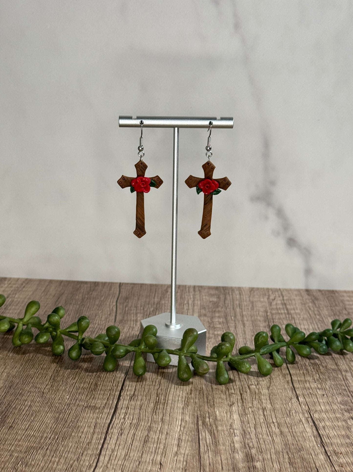 Rosy Cross dangle earrings