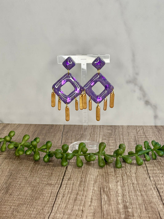 Gold tasseled Purple diamond earrings