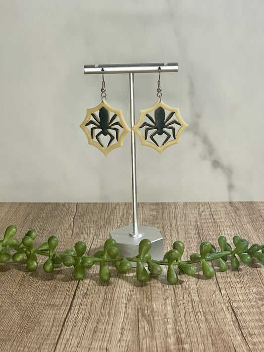 Spider and web dangle earrings