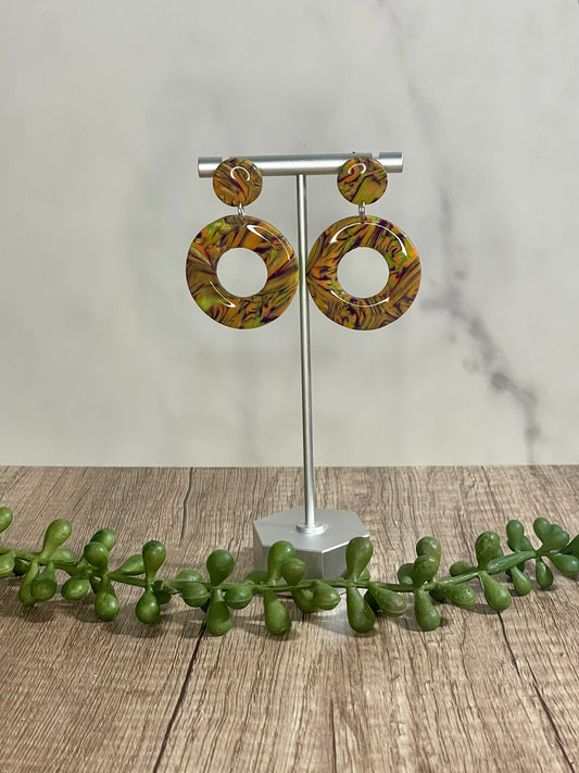 Green, orange, and purple marbled earrings